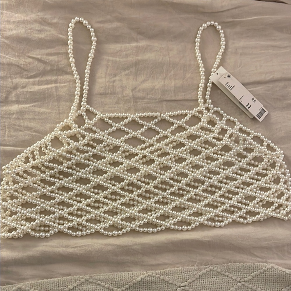 Urban Outfitters Pearl Beaded Net Crop Top - Ivory